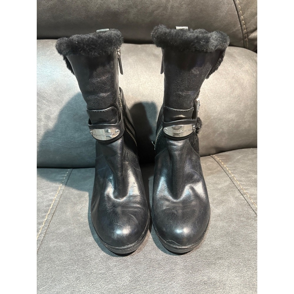 Michael Kors Black Leather Faux Fur Trim Moto Ankle Boots Heel Buckle Strap